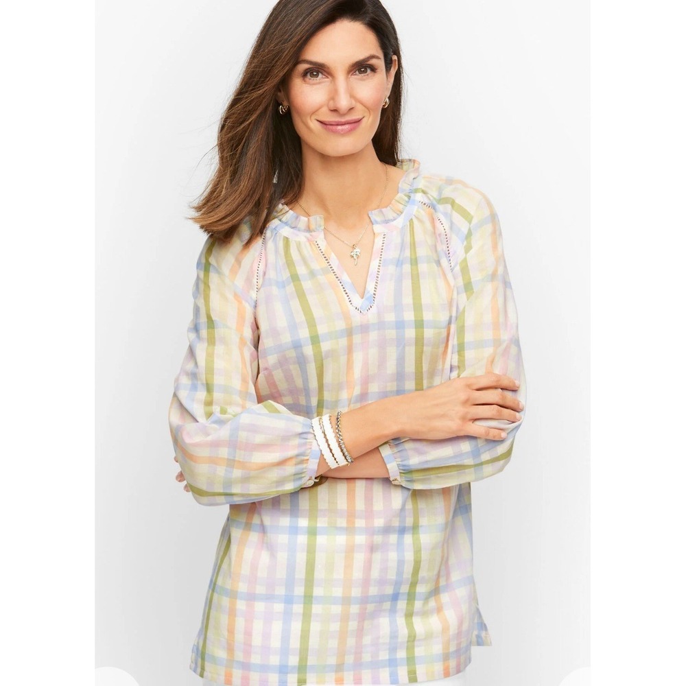 Talbots Ruffle Tunic Blouse‎ Rainbow Plaid Lightweight Ladder Trim Split Neck L
